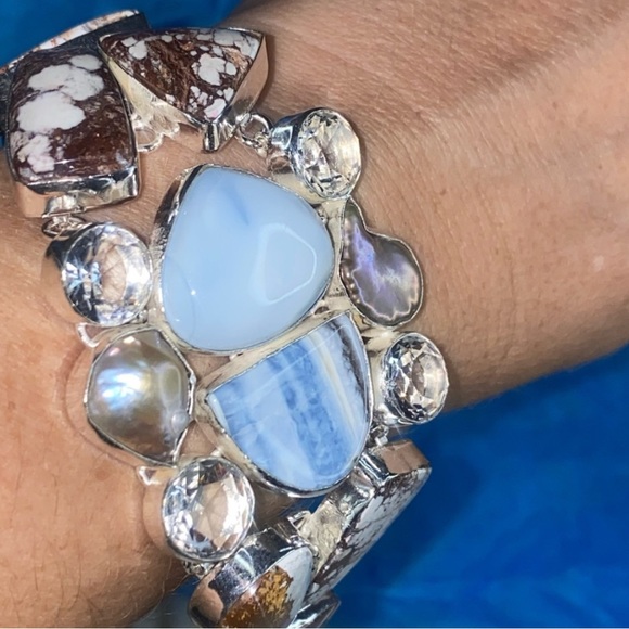 Wild Horse Jasper + Owhyee + Biwa Pearl + White Quartz statement Bracelet